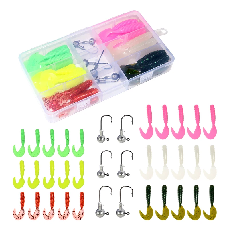 Soft Fishing Lures Set with Tackle Box, 5.8cm/6.5cm Curly Tail Swimbaits, 30PCS Soft Plastic Baits with 6 PCS jig heads