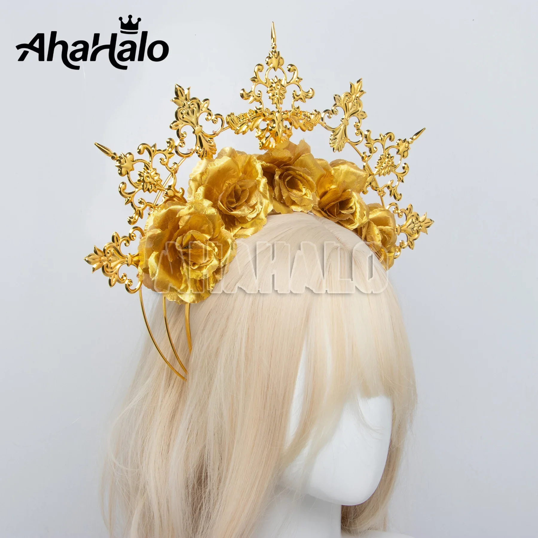 Gouden Roos Bloem Halo Kroon Mary Godin Festival Koningin Kroon Tiara Moederschap Fotoshoot Hoofddeksel Vrouwen Halloween Hoofdband