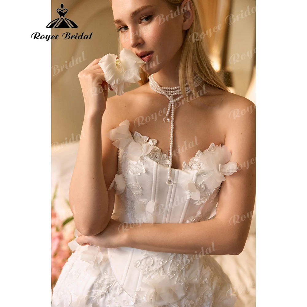 Strapless 3D Floral Corset Mermaid Wedding Dress with Detachable Peplum Modern Bridal Gown with Sheer Tulle Skirt Customized
