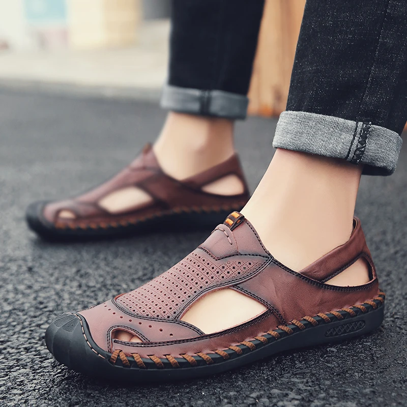 Golden Sapling Breathable Men\'s Sandals Genuine Leather Summer Shoes Leisure Loafers Casual Flats Fashion Casual Sandals for Men