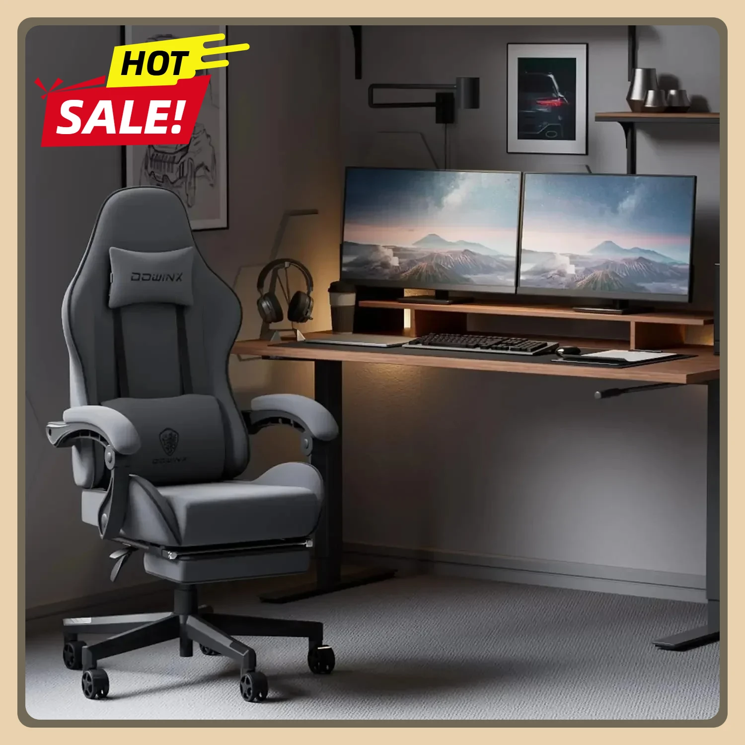 

Gaming Chair Fabric, Massage Game Chair Cloth, Ergonomic Computer Chair, Light Grey with Headrest with Pocket Spring Cushion
