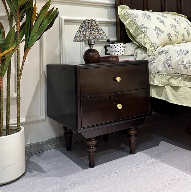 

LJYAmerican Style Solid Wood Bedside Table Bedroom Storage Double Drawer French Side Table Simple Light Luxury