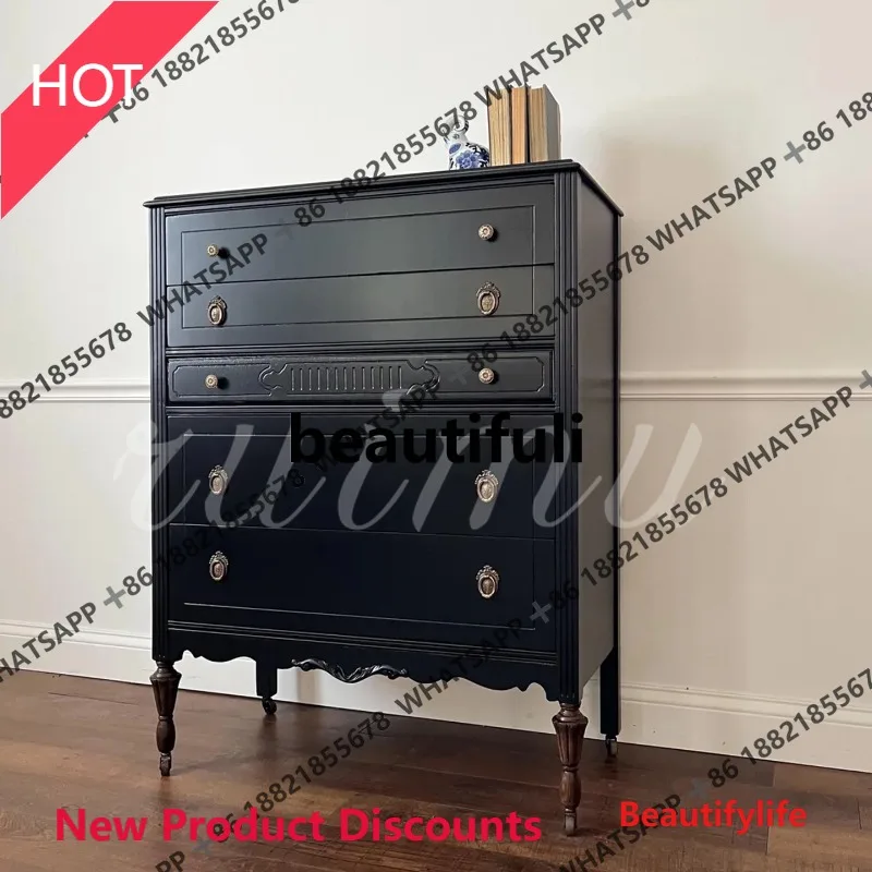 

D53 American retro solid wood chest bedroom bedside carved high chest French storage cabinet