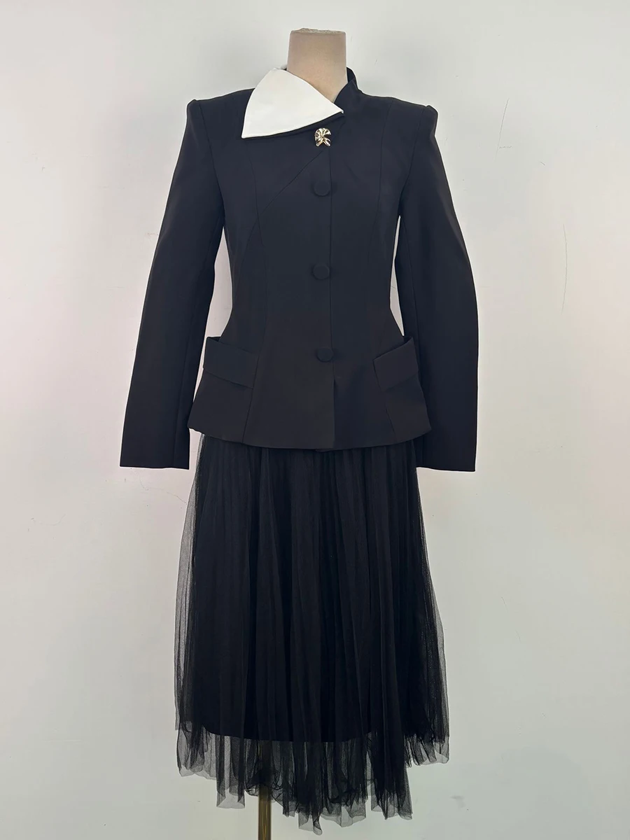 VGH Elegante afslankende tweedelige sets voor vrouwen V-hals met lange mouwen Top Hoge taille Gedrapeerde chiffon rok Chique set Vrouwelijke mode Nieuw