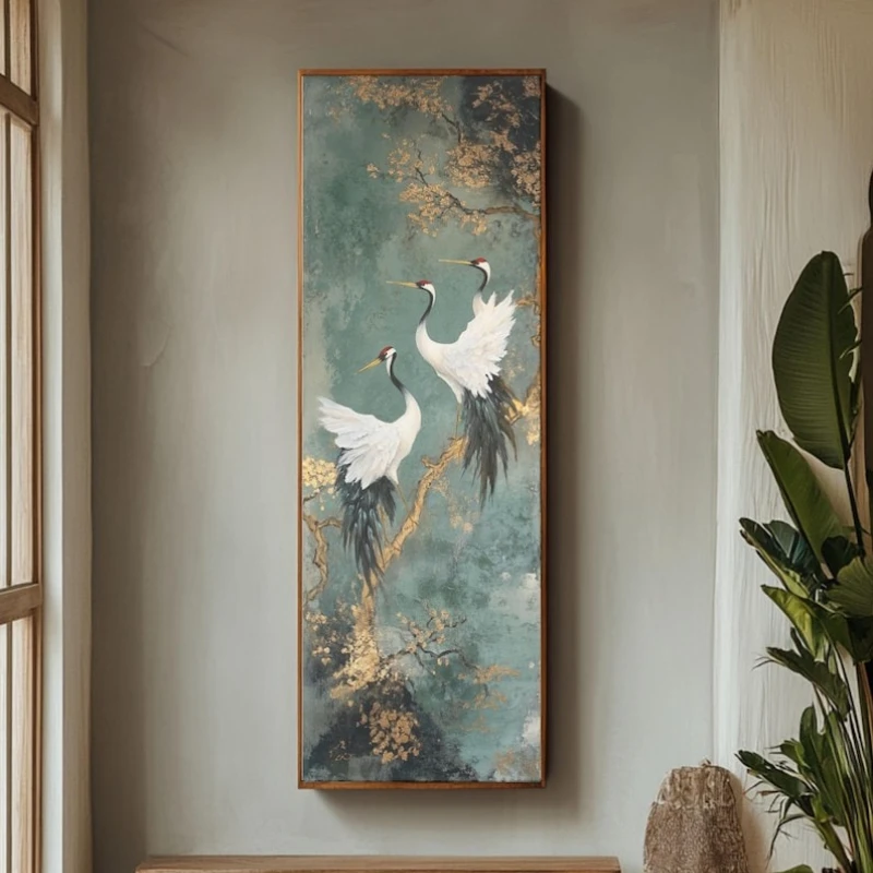 Japanese Style Golden Crane Decorative Painting, Luxury Canvas Painting Vertical Frameless Mural for Entrance Hallway