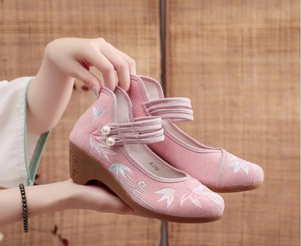 Women Ankle Button Strap Pumps Ethnic Embroidery Mary Jane Dress Shoes Mid Heel Cotton Fabric Espadrilles Vintage Sandals
