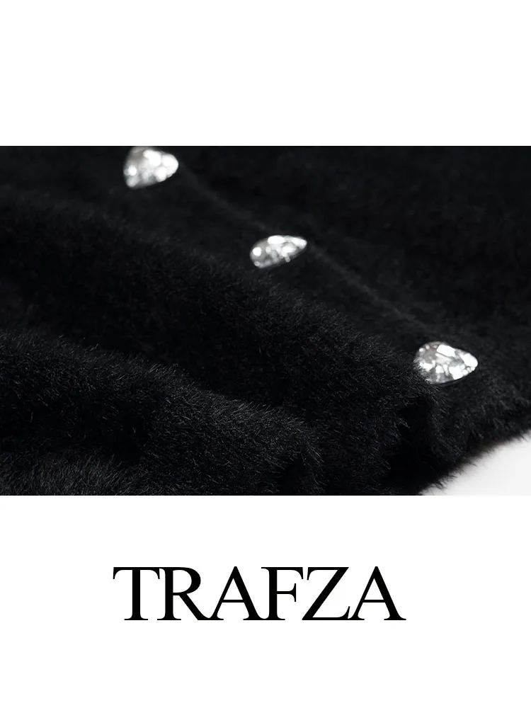 TRAFZA, suéteres a la moda para mujer, Tops negros con cuello redondo, mangas largas, botones, cárdigan de una sola botonadura, Tops de punto elegantes de primavera para mujer