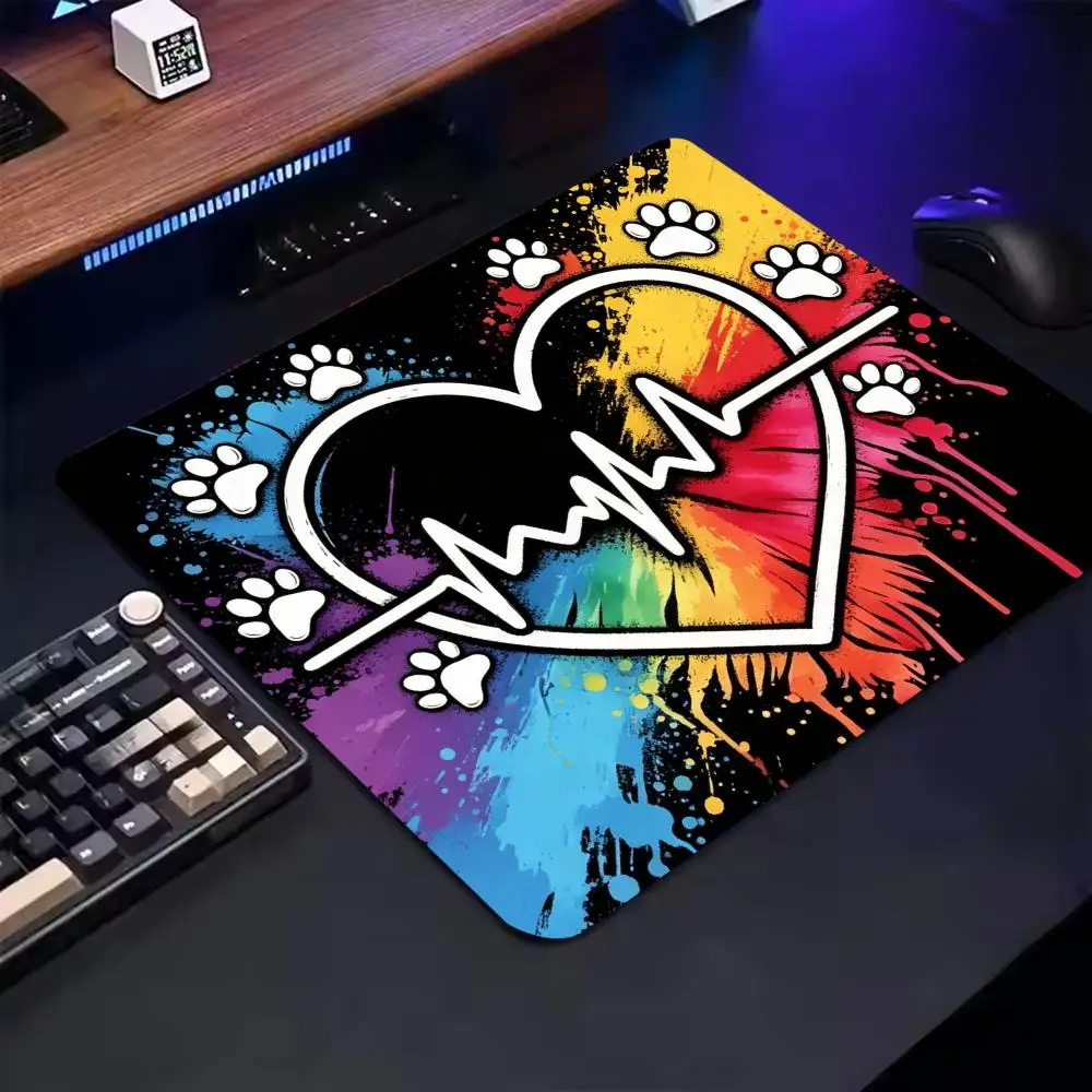 Rainbow Splash Paw Print Heartbeat Mouse Pad, Black Base Colorful Tie Dye Non-Slip Rubber Small Desk Mat For Pet Lovers