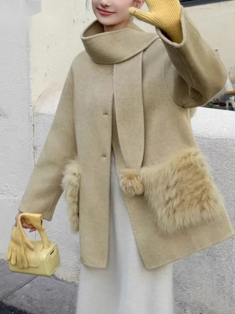 

Fashion Double Sided Wool Coat For Women Turn Down Collar Fur Pocket Cardigan Coats 2026 Autumn Winter New 23ZM
