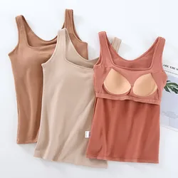 New Warm Tank Top For Women Chest Pads Sleepwear Shirt Casual Autumn Winter Bottoming Vest Thin Velvet One Piece Pajamas Tops