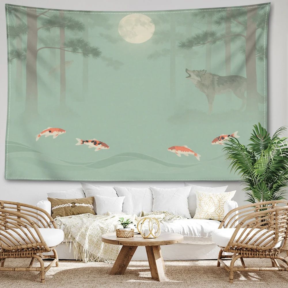 Grey Green Moon Night Wolf Fish Forest Wall Tapestry, Mystic Nature Decor
