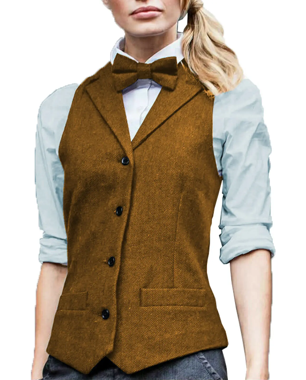 Women's Vest Brown Burgundy Herringbone Wool Tweed Lapel Collar Single Breasted Business Waistcoat for Wedding Vintage Vest 2022