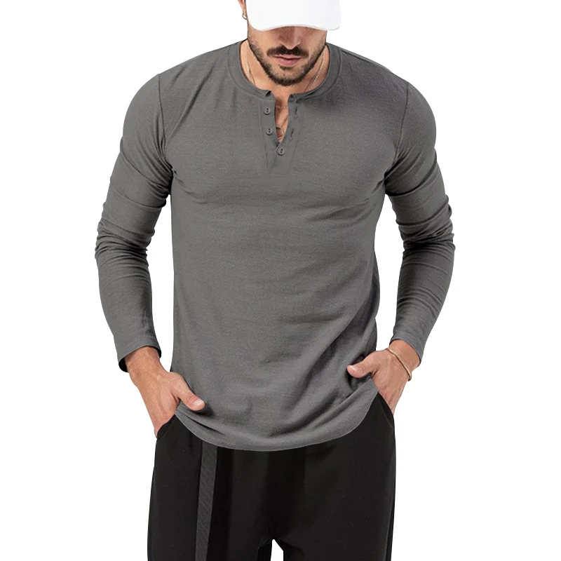 Men\'s round neck solid color button up long sleeved T-shirt Henley casual sports bottom shirt