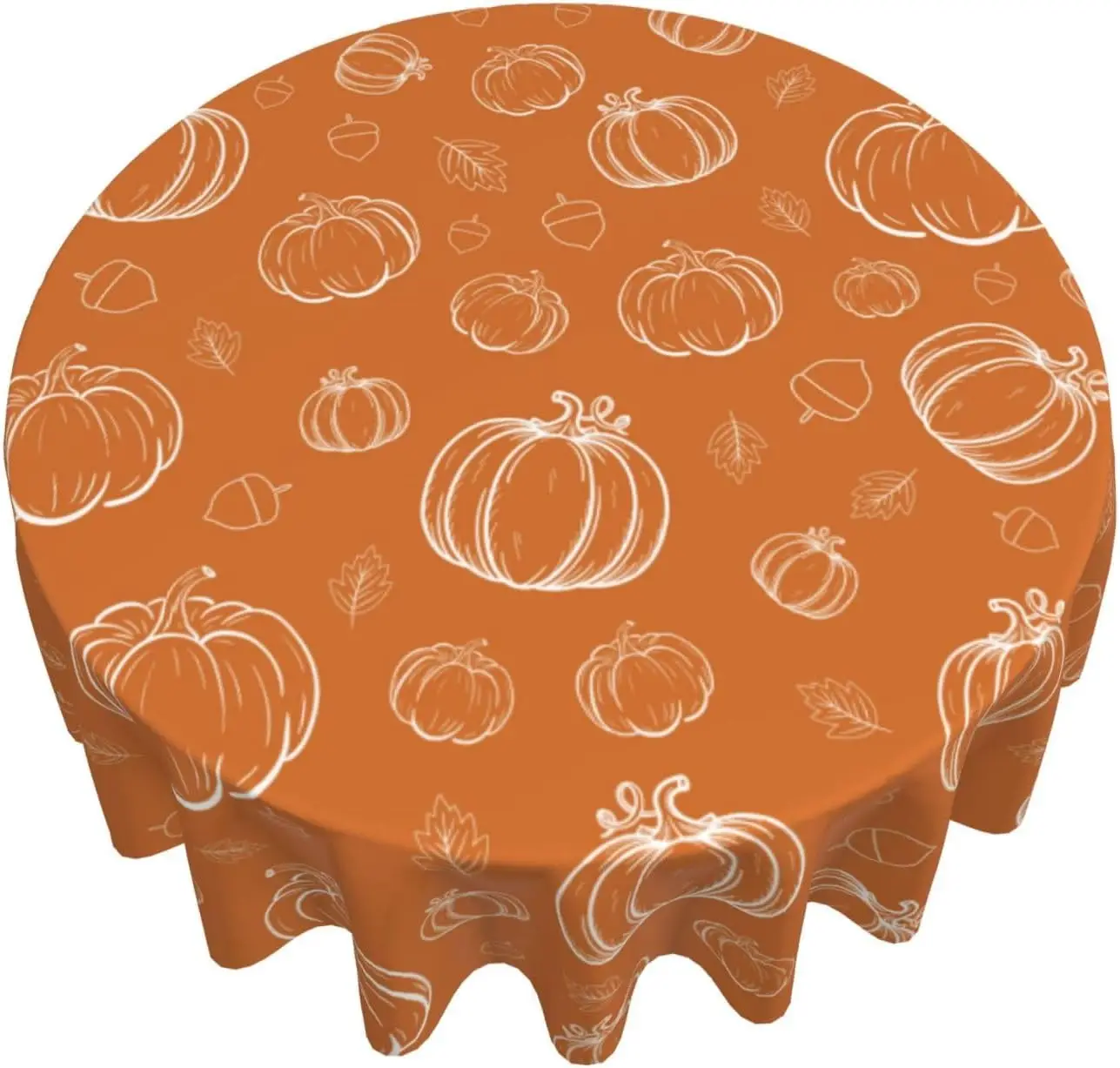 Fall Tablecloth Round 60 Inch White Pumpkins Burnt Orange Table Cloth,Stain Resistance Polyester Thanksgiving Day
