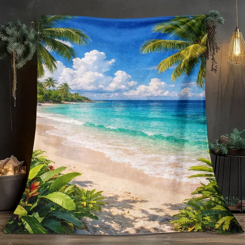Tropical Palm Tree Beach Ocean Blanket Blue Sky White Cloud Seaside Scenery Print Soft Cozy Blanket for Sofa Bed Couch