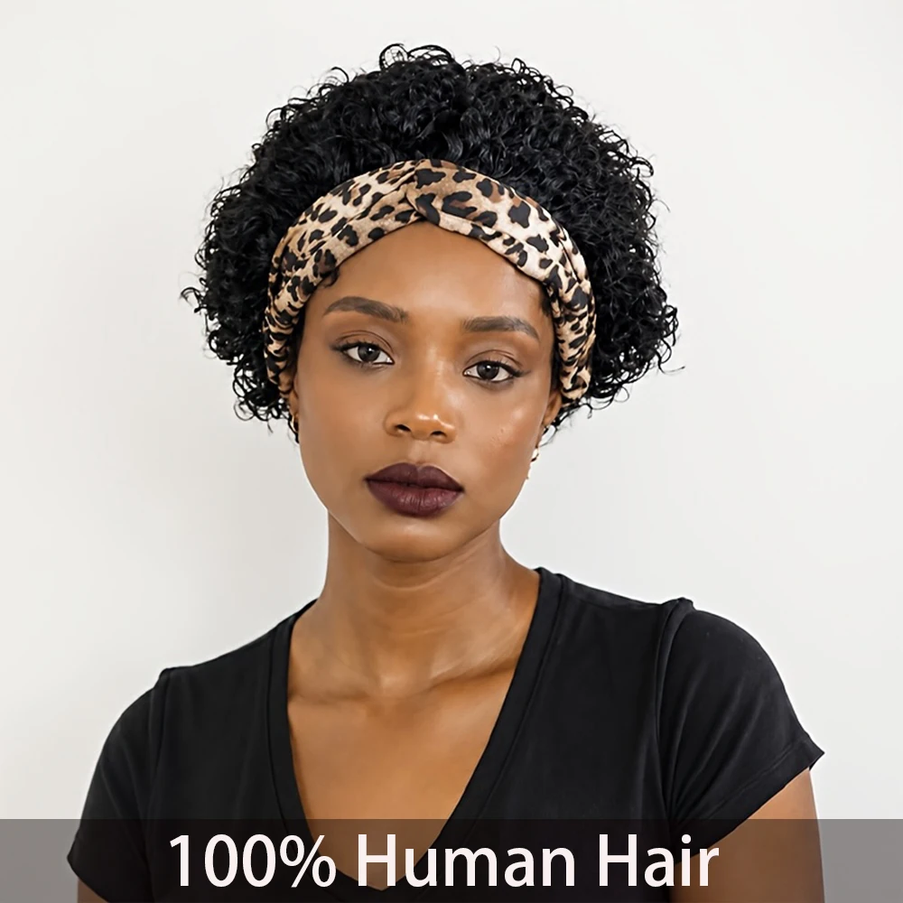 Brazilian Virgin Human Hair Headband Wig - Afro Curly Short Pixie Cut 200% Density  Fully  Machine   Made Curly Wave Wig with Adjustable Headband  Natural Look for Women