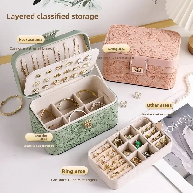صندوق مجوهرات للساعة المحمولة، حقيبة تخزين صغيرة للسفر للخواتم والقلائد والأقراط وأحمر الشفاه مع فتحة حلقية قابلة للإزالة من جلد البولي يوريثان