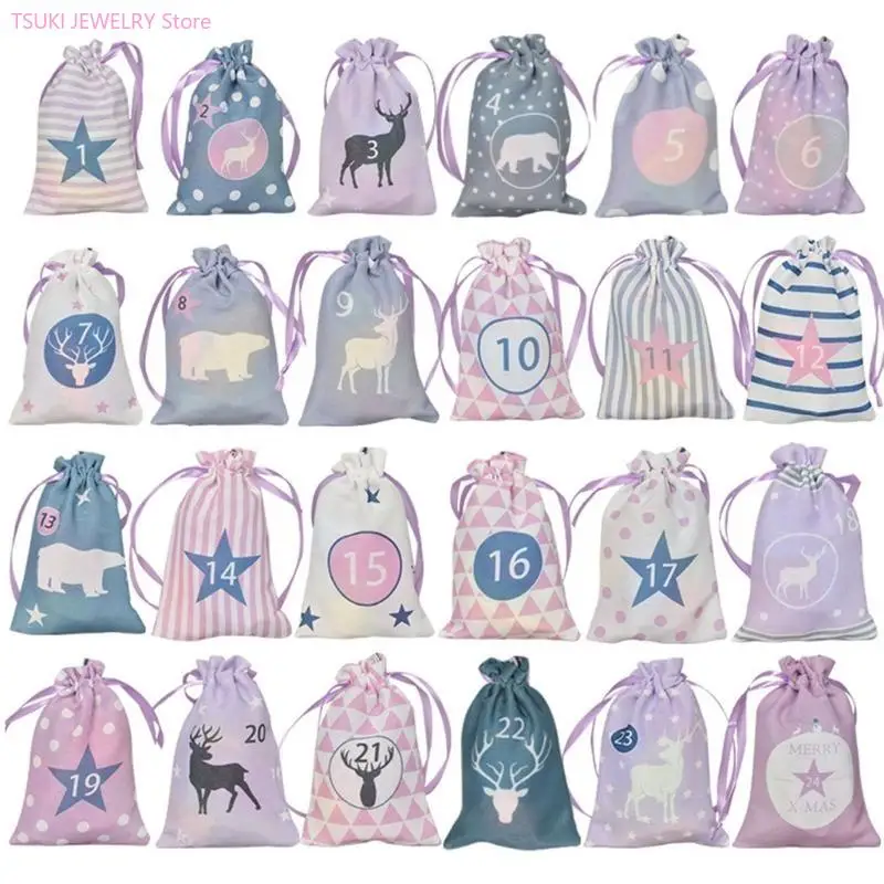 62KE Advent Calendar Bags Christmas 24 Days of Advent Calendar Pouches DIY Gift Bags