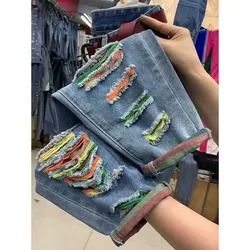 Colour Ripped Hole Jeans 2023 New High Waist Jeans Large Size Loose Fit Haren Denim Pants Ladies Ankle-Length Cowboy Trousers