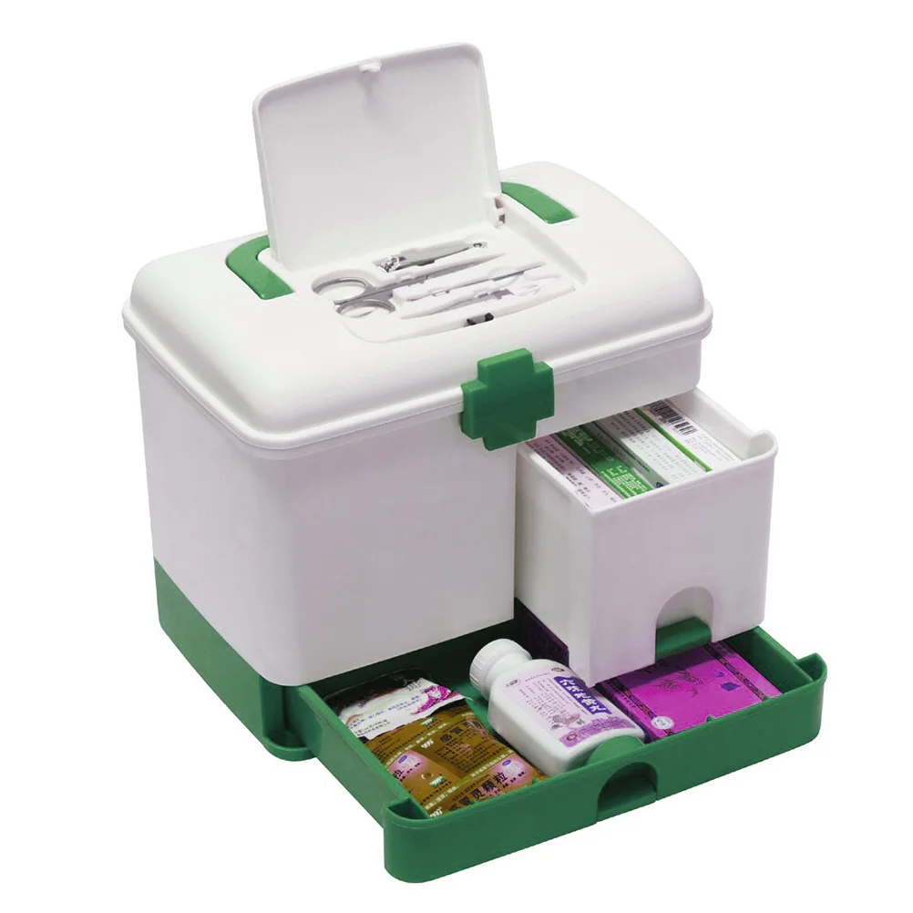 Handheld Multi-Tier Plastic Medical Organizer with Internal Compartments Quick Access Drawer Aid Kit for Camping