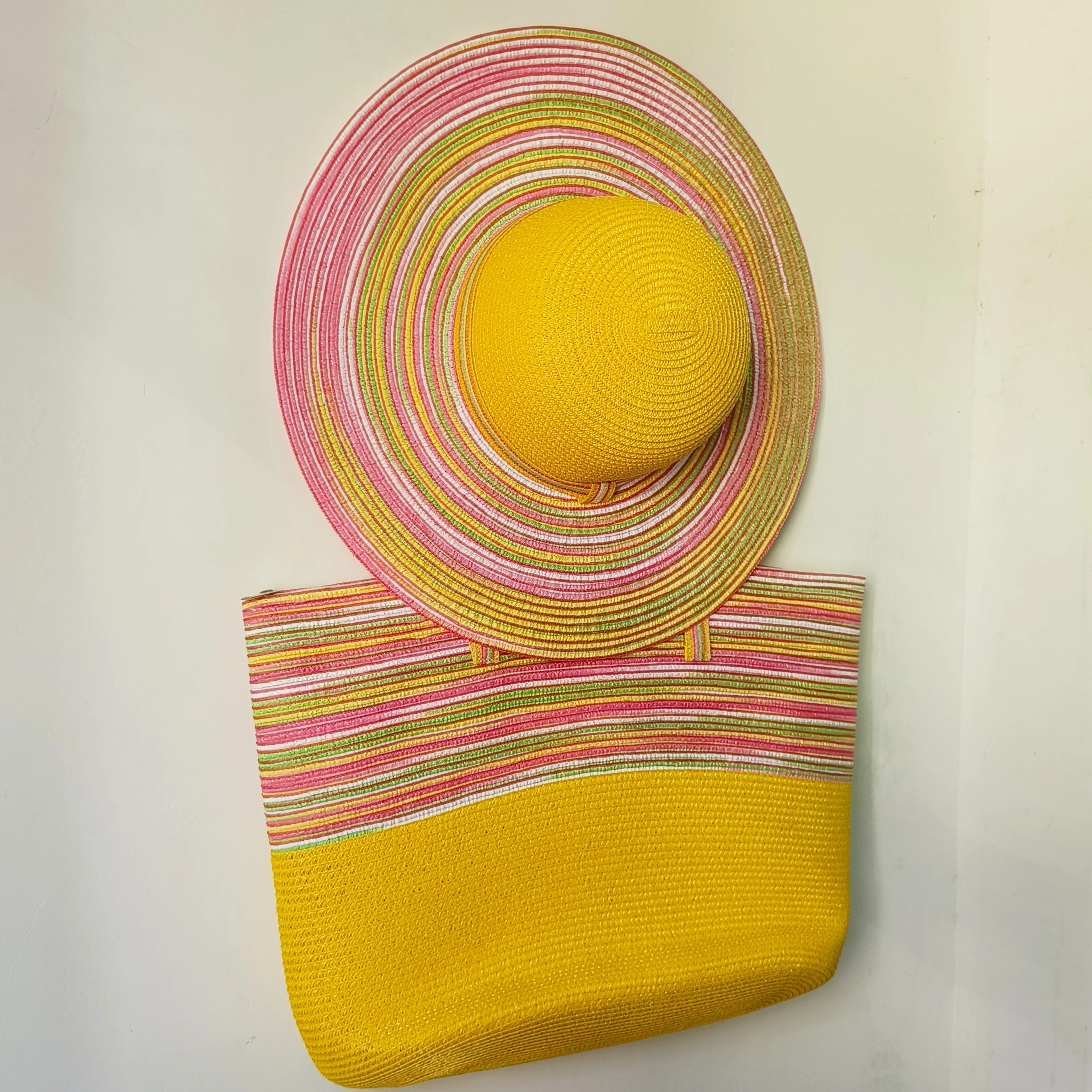 Sombrero de paja y bolso para mujer, tejido a mano, colorido, bolso de mano, traje, Verano