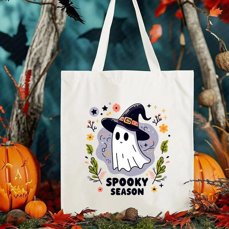 

Halloween Canvas Tote Bag Many Styles With Cute Ghost Pumpkin Floral Art Designs Reusable Shoulder Bag For Shopping Party Favors