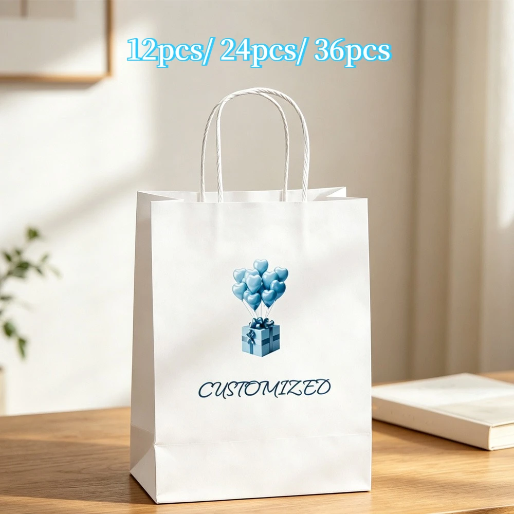 12pcs/ 24pcs/ 36pcs Custom White Kraft Paper Gift Bags, Single Sided Printing Gift Bags for Printing Company Logos for Business