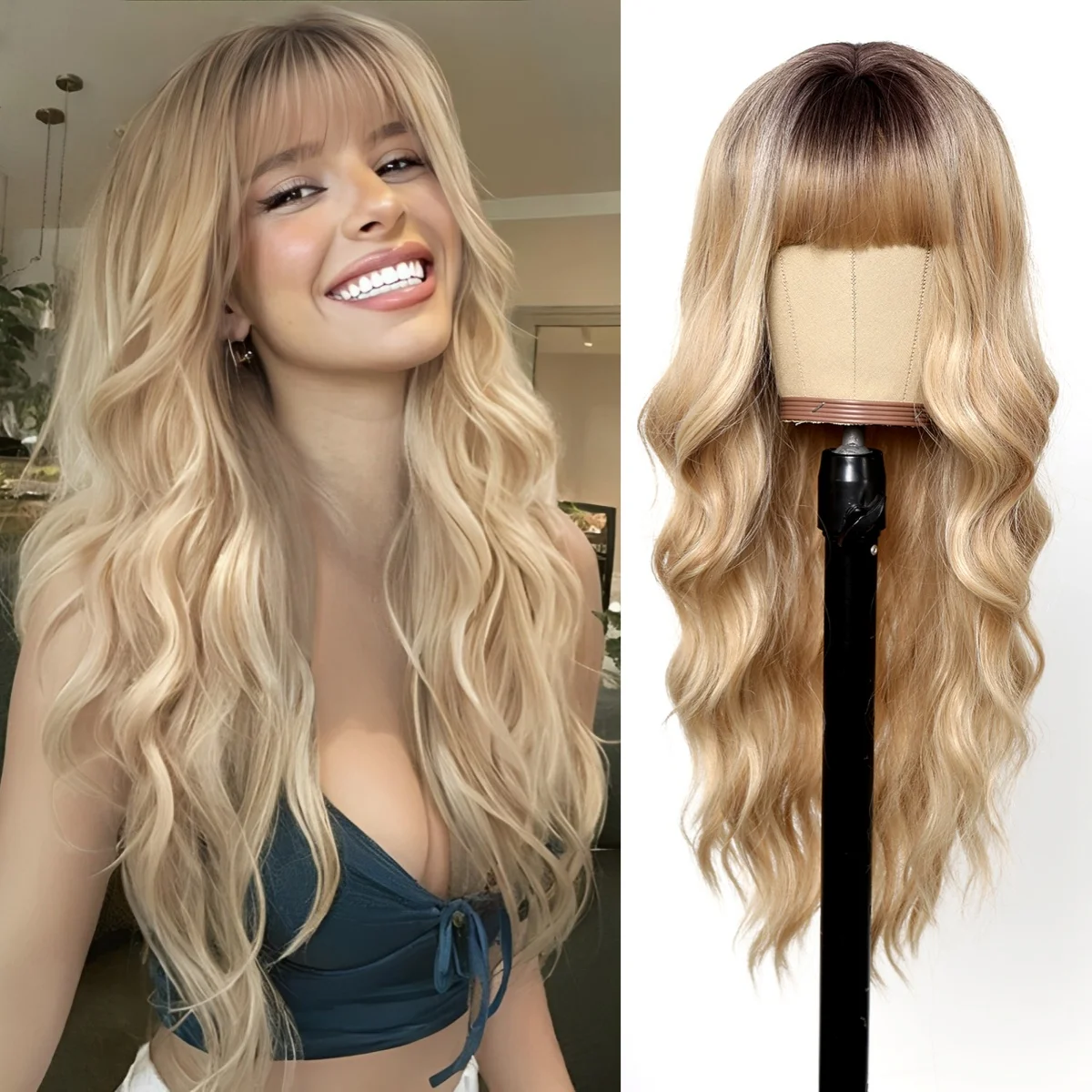 Allbell Magique Blaue Haarperücke mit Pony, lange gewellte synthetische Perücke, babyblaue lockige Perücke für Frauen, täglicher Partygebrauch, hitzebeständig – Detail 18