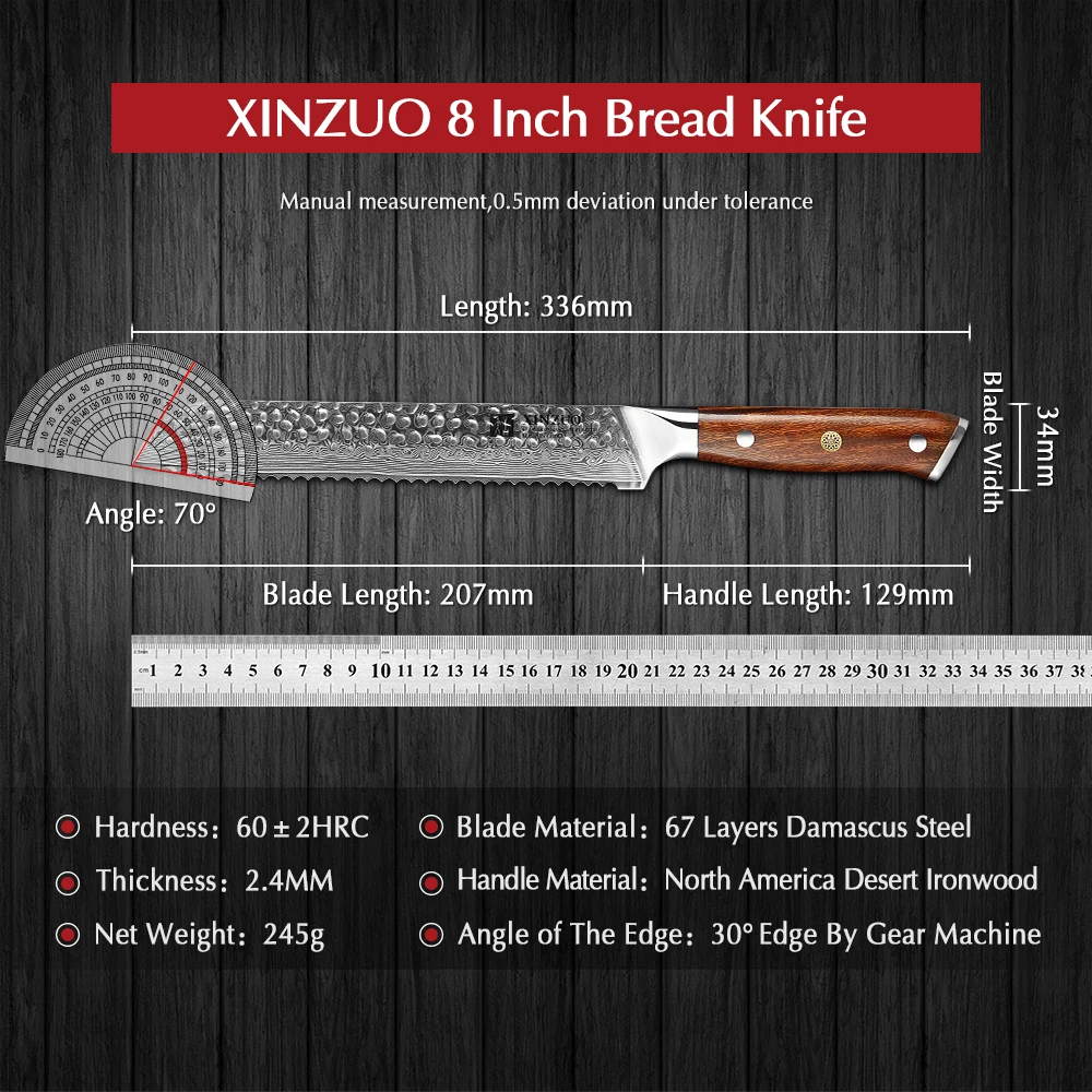 XINZUO 8'' Inch Serrated Knife 67 Layer Damascus Steel VG10 Steel Core Blade Damascus Cut Razor Sharp Chef's Kitchen Tools