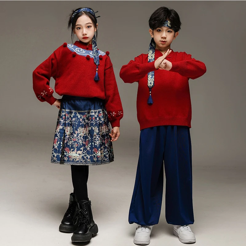 Frühling Festival Childs Jazz Dance Kostüm Für Mädchen Jungen Hip Hop Street Dance Performance Kostüm Chinesischen stil Rot Set XH1896
