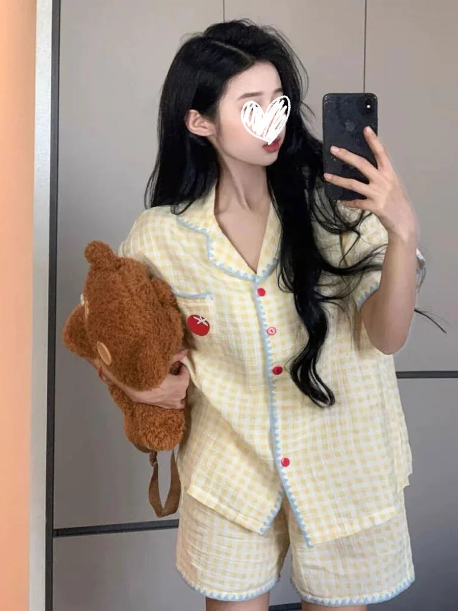 

Новинка лета, сладкий ат ат, женский свободный комплект домашней одежды ort Sve, японский комплект с рисунком в клетку, простой дизайн