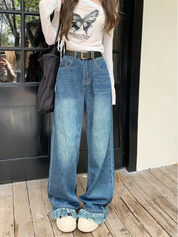 

High Waist Wide Leg Jeans Women's Autumn New Style Frayed Straight Cut plus Size Pants Korean Style Commute Fashion