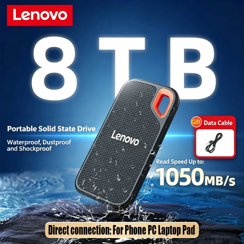 

Портативный SSD-накопитель Lenovo 1 ТБ, оригинальный высокоскоростной внешний жесткий диск 4 ТБ, твердотельный накопитель USB 3.1 8 ТБ для ноутбука/телефона/MAC/ПК