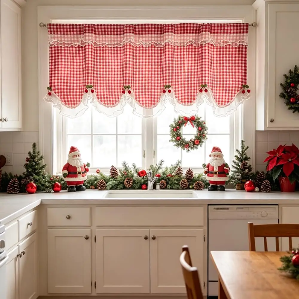 French Country Wavy Swag Valance Curtain, Luxury Beaded Trim with Cherry Decor, for Window, Rustic Farmhouse Home Decor