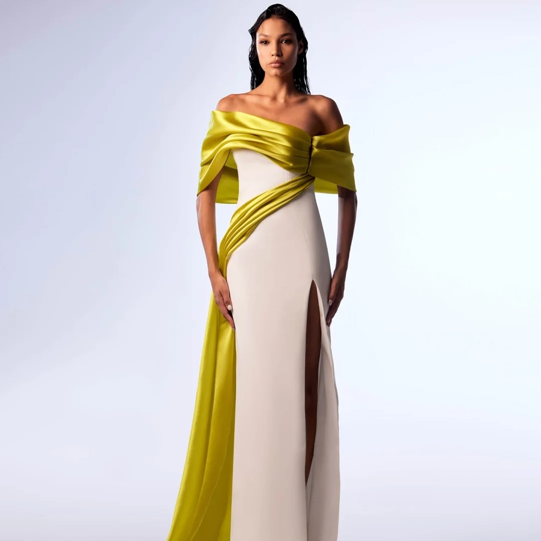 

Customized Delicate Jersey Straight Off the Shoulder Evening Dresses Half Sleeves Panel Train Bespoke Occasion Gowns Simple