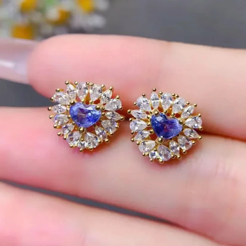 

Sparking 925 Silver Tanzanite Stud Earrings for Wedding 5mm Heart Shape Natural Tanzanite Earrings with Gold Plating