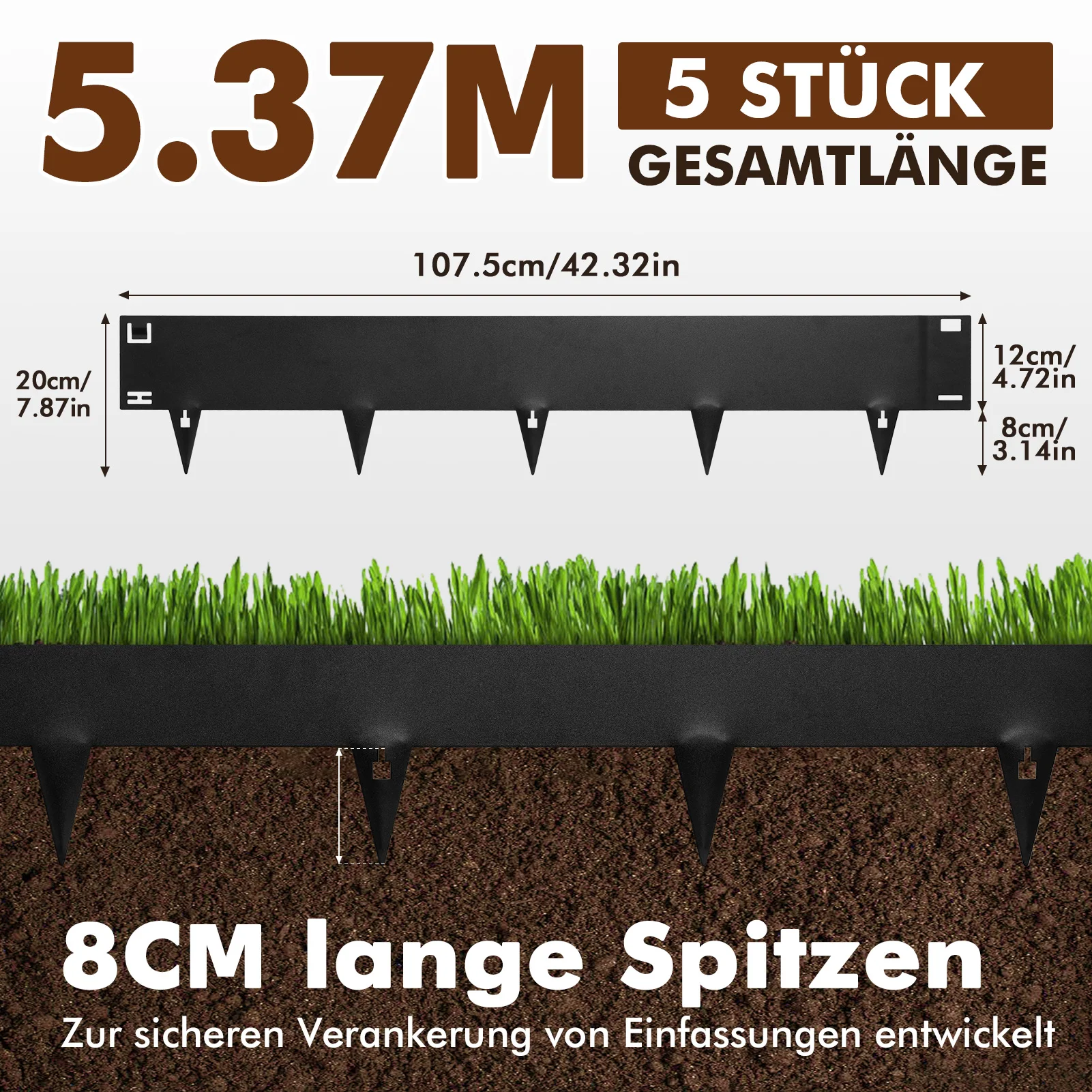 5Pcs 5.37M Garden Edging Steel Lawn Edging And Landscape Border No Dig Tall Lawn Additions Bendable Pathway Edger for Backyard Yard And Outdoor