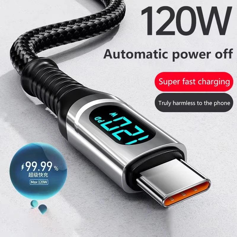 

120W USB Type C Cable Fast Charging USB C Charger Cord For iPhone 17 16 15pro max Huawei Xiaomi with Led Digital Display Cable