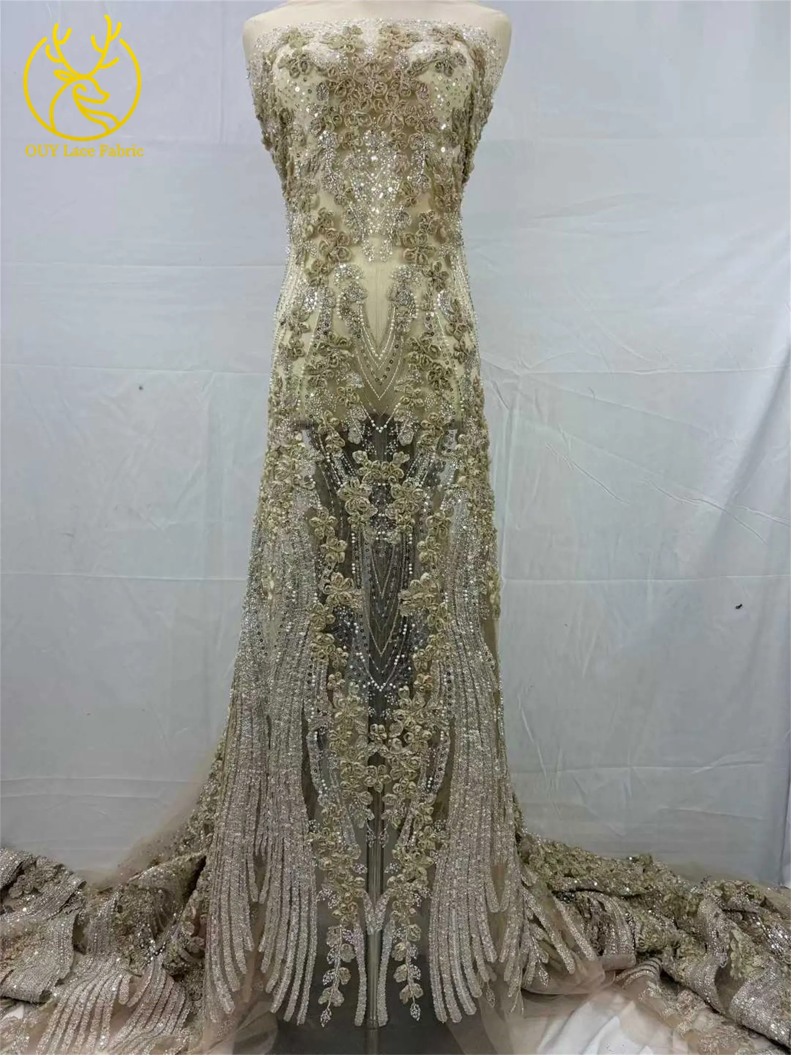 Hochwertiger afrikanischer Perlen-Spitzenstoff, 3D-eleganter französischer nigerianischer Pailletten-Tüll-Spitzenstoff für Damen, Party, Hochzeitskleid, Nähen, 5Y – Detail 8