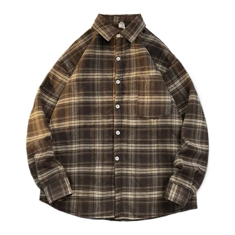 KIDWHXR 2026 Autumn Winter Man Plus Velvet Thick Warm Plaid Shirt Men Long Sleeve Men Coat Retro Loose Casual Male Shirt Jacket