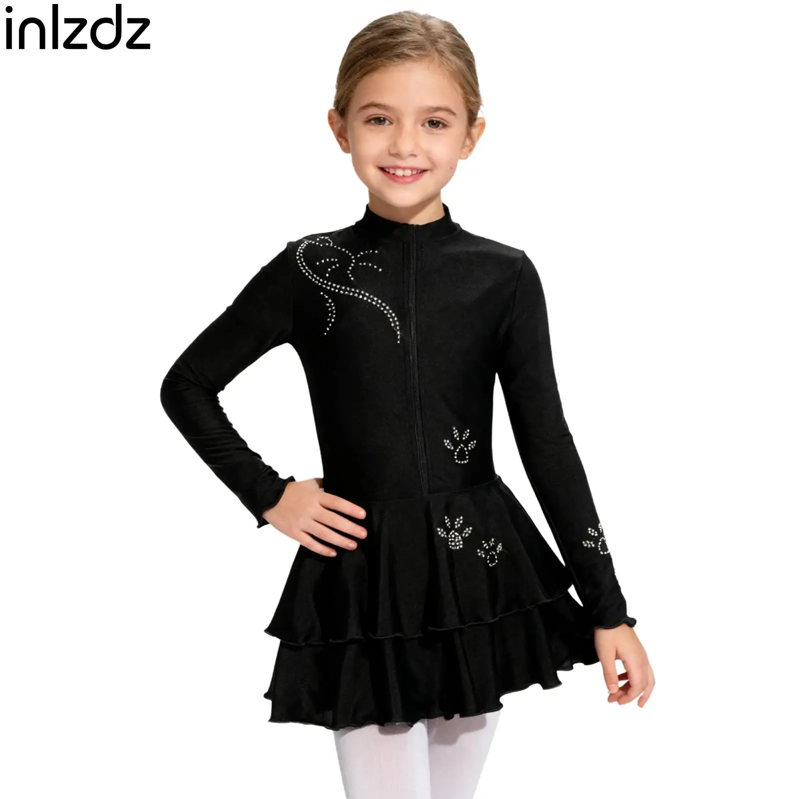 

Long Sleeve Figure Ice Skating Leotard Dress for Girls Rhinestones Front Zip Dress Teens Ballet Gymnastics Performance Costumes