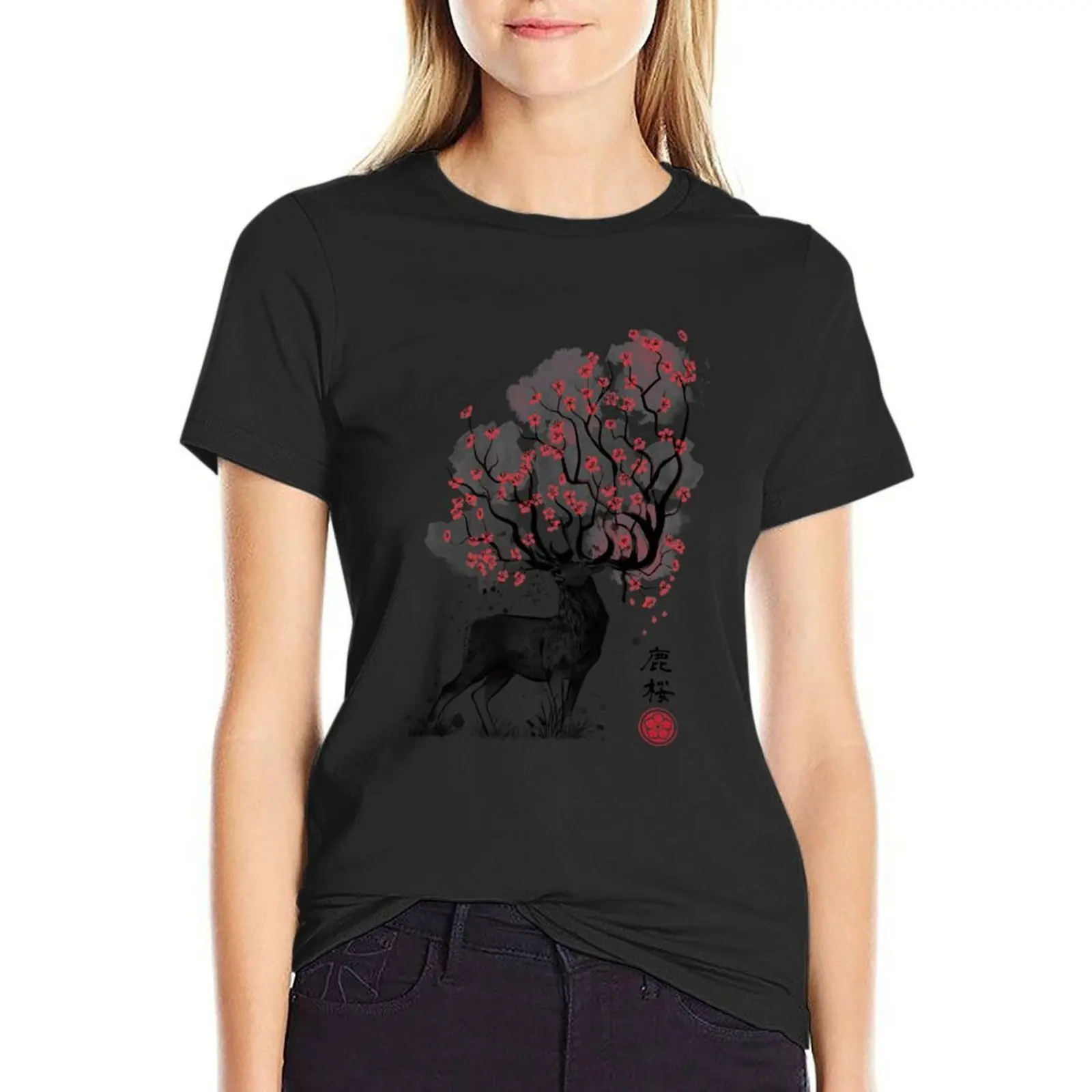

Sakura Deer T-Shirt graphics Short sleeve tee summer top oversized Women's cotton t-shirt