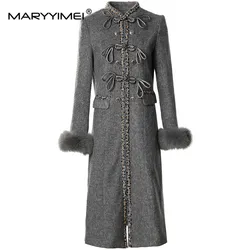 MARYYIMEI Autumn and winter Vintage Designer Coat Women Grey Stand Collar Single-breasted Button Pocket S-3XL Long Overcoat