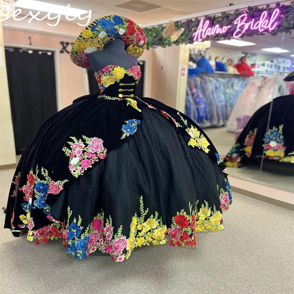 Vestidos Vintage de quinceañera negros, vestido gótico hinchado con flores coloridas, corsé para fiesta de nacimiento de 15 años, 2023 vestido de fiesta de boda vestido fiesta boda invitada