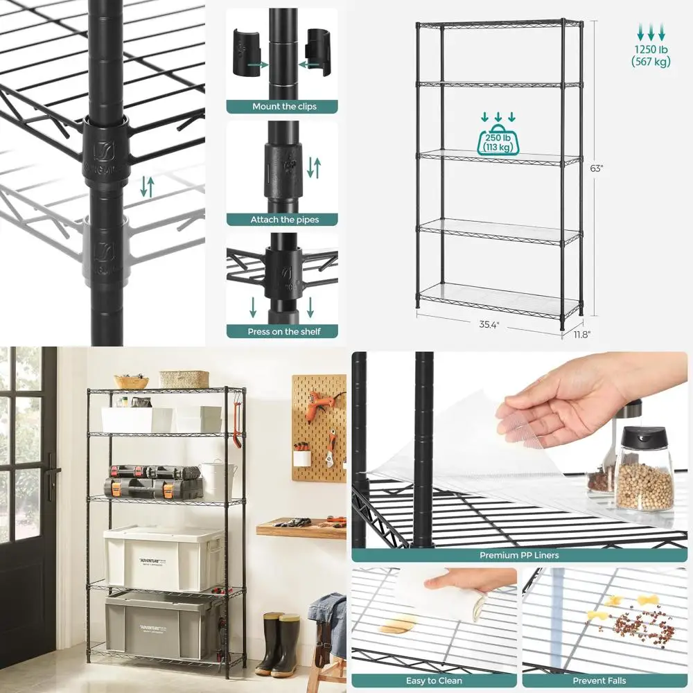 

5-Tier Adjustable Metal Kitchen Rack with Wire Shelves, 8 Hooks, and Liners for Garage Storage, 11.8x35.4x63, Black