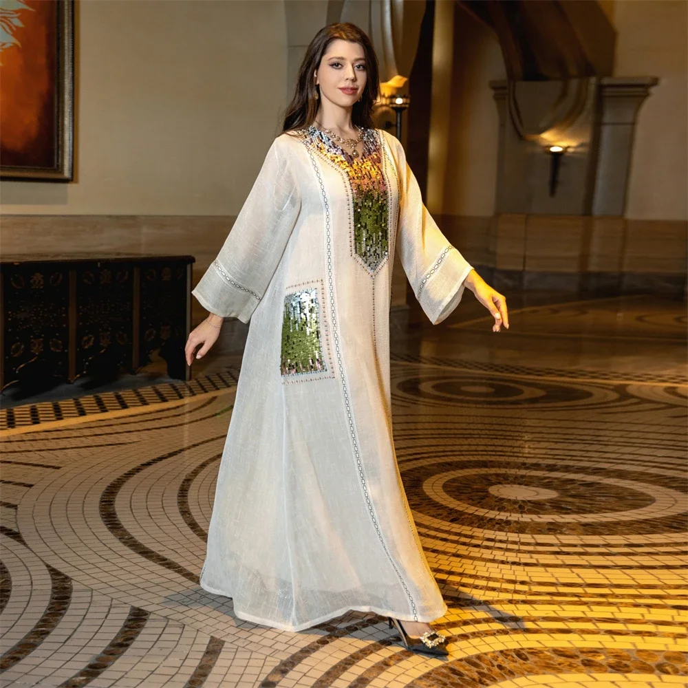 

Abaya Muslim Sequins Long Dress For Women Long Sleeve Maxi Robe Luxury Party Evening Loose V-neck Casual Malaysia Turkish Gown