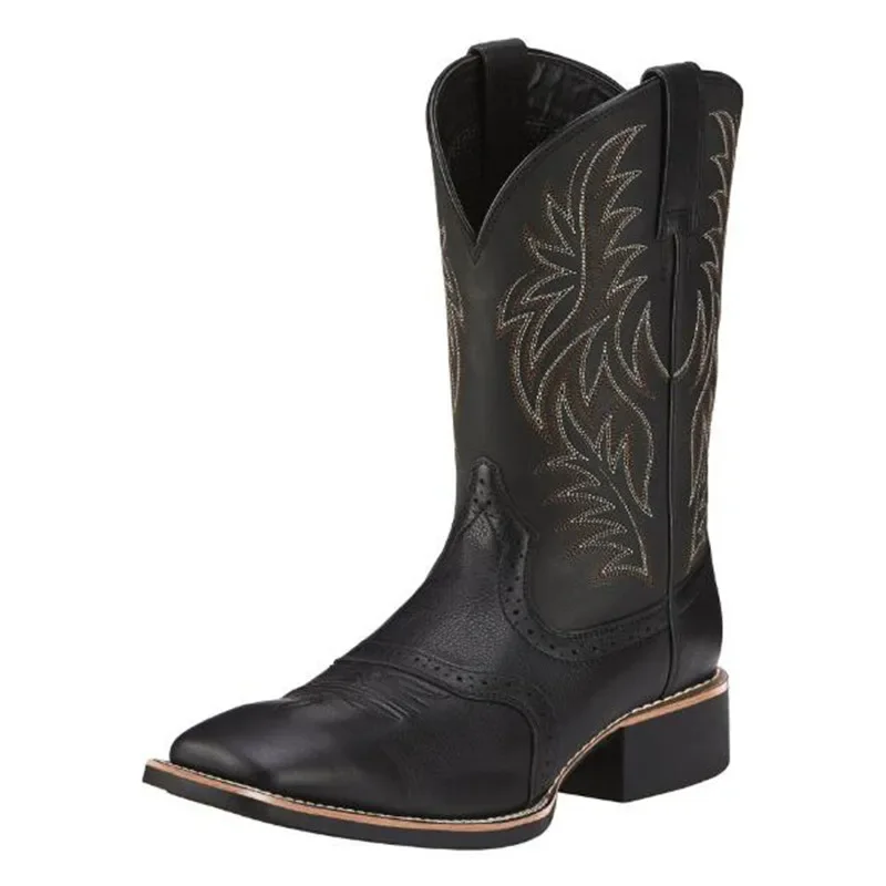 NEW Men Western Cowboy Boots Fashion Punk Goth Embroidery Square Head Mid-calf Male Boots Slip on Men Riding Boot Zapatos Hombre