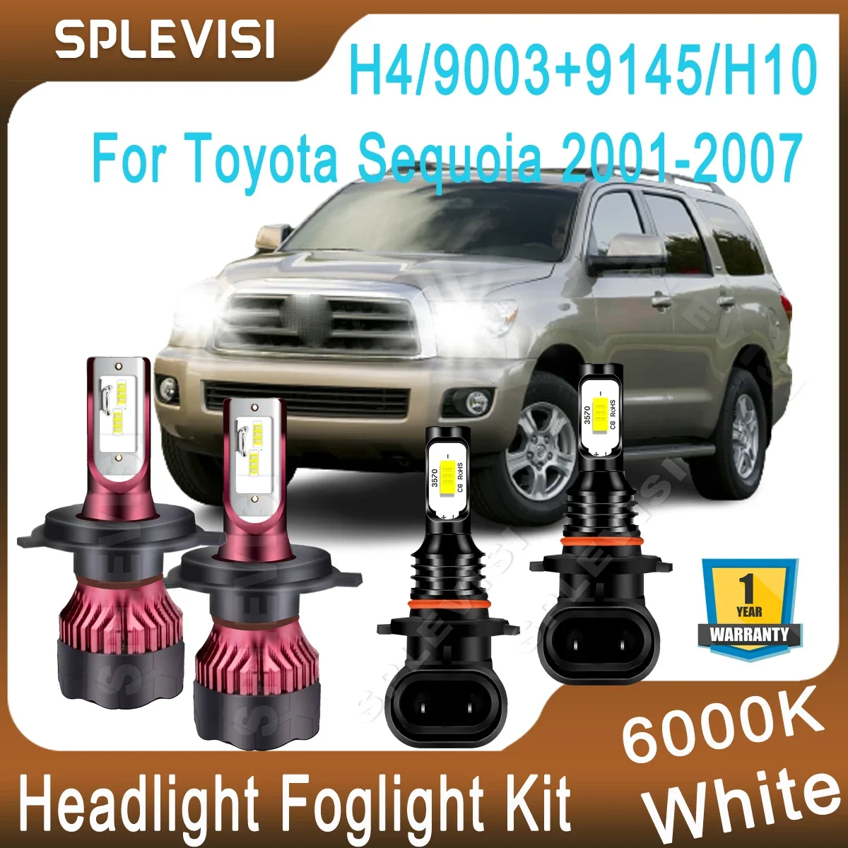 9003/H4+9145/H10 LED Car Light Kit For Toyota Sequoia 2001 2002 2003 2004 2005 2006 2007 High Low Beam Foglight Pure White 4x