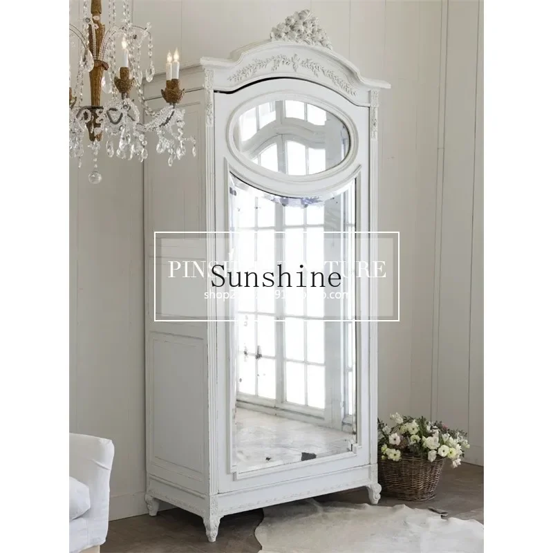 

French antique solid wood carving flower wardrobe retro old bedroom with mirror single door storage