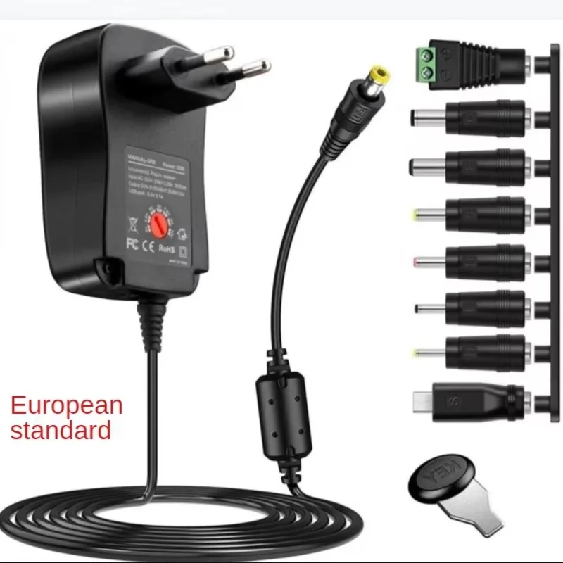 

30W Multi-Head Switch Power Adapter Adjustable 3-12V 5V 2.1A USB Power Supply for Electronics